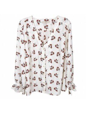 Loft Plus Floral Bouquets White Blouse Size 18 V-neck Button-Up Ruffle Cuff